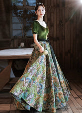 Chic Velvet Floral Short Sleeves Long Prom Dress, Green Sweetheart Party Dress