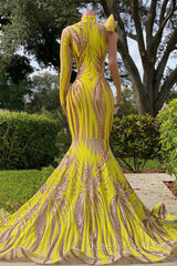 Chic Yellow Long Mermaid High Neck Tulle Lace Evening Prom Dress with Sleeves