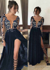Chiffon Long/Floor-Length A-Line/Princess Full/Long Sleeve Bateau Zipper Up At Side Prom Dresses With Appliqued