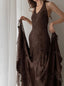 Brown Vintage Elegant Suspender Lace Spaghetti Strap Long Satin Ball Gown Classy Evening Dress