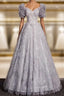 Classic Gray Tulle Sequins Short Sleeve Beading Evening Prom Dress