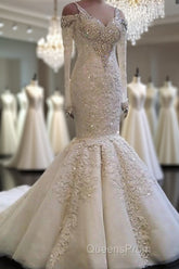 Classic Mermaid Long Sleeves Bridal Gowns Lace Wedding Dress with Sleeves