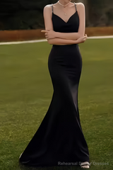 Classic Mermaid Spaghetti Straps Black Satin Prom Dresses Long Prom Dress