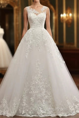 Classic Round neck Lace appliques White Princess Wedding Dress