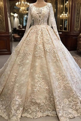 Classic Scoop Long Sleevess Appliques Ball Gown Wedding Dress