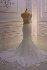 Classic Sleeveless Lace V neck Column White Court Train Wedding Dress