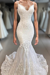 Classic Spaghetti Strap V neck White Sleeveless Mermaid Open Back Wedding Dress with Chapel Train