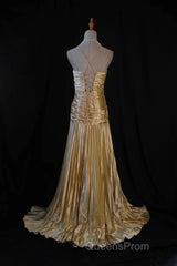 Classy A Line Halter Gold Satin Beads Long Evening Dress Evening Prom Dress