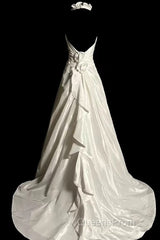 Classy A Line Halter Satin Ivory Long Wedding Dress Bridal Dress