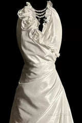 Classy A Line Halter Satin Ivory Long Wedding Dress Bridal Dress