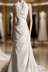 Classy A Line Halter Satin Ivory Long Wedding Dress Bridal Dress