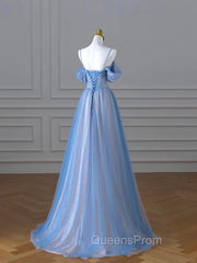 Classy A Line Spaghetti Straps Long Party Dress Blue Evening Prom Dress