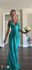 Classy A Line V Neckline Blue Satin Sleeveless Long Classy Prom Dress