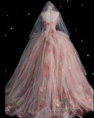 Classy Ball Gown Sweetheart Pink Floral Tulle Long Evening Dress Evening Prom Dress