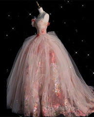 Classy Ball Gown Sweetheart Pink Floral Tulle Long Evening Dress Evening Prom Dress