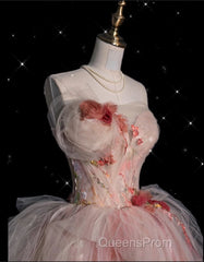 Classy Ball Gown Sweetheart Pink Floral Tulle Long Evening Dress Evening Prom Dress
