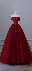 Classy Balll Gown Strapless Red Tulle Long Evening Dress Evening Prom Dress