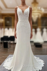 Classy Long Mermaid V-neck Satin Open Back Wedding Dress with Lace Appliques
