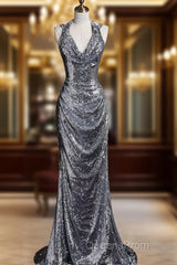 Classy Mermaid Halter Silver Sequin Long Evening Dress Sexy Evening Prom Dress