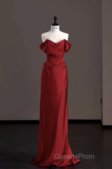 Classy Mermaid Off The Shoulder Red Satin Long Evening Gowns Evening Prom Dress