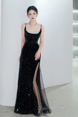 Classy Mermaid Spaghetti Straps Black Sequin Slit Long Evening Gowns Evening Prom Dress