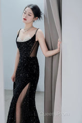 Classy Mermaid Spaghetti Straps Black Sequin Slit Long Evening Gowns Evening Prom Dress