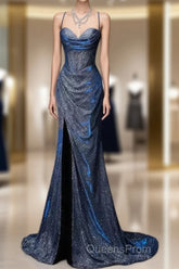 Classy Mermaid Spaghetti Straps Navy Blue Sequin Long Evening Gowns Evening Prom Dress