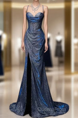 Classy Mermaid Spaghetti Straps Navy Blue Sequin Long Evening Gowns Evening Prom Dress