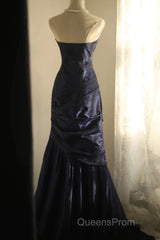 Classy Mermaid Strapless Navy Blue Organza Long Evening Gowns Evening Prom Dress