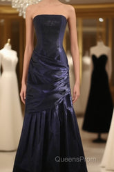 Classy Mermaid Strapless Navy Blue Organza Long Evening Gowns Evening Prom Dress