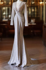 Classy Mermaid V Neckline Long Sleeves Sequin Ruffles Long Evening Dress Evening Prom Dress