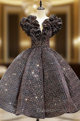 Coffee Ball Gown Sequins V-neck Short Tea Length Evening Prom Dress