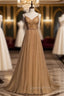Coffee Gold Tulle Spaghetti Straps Beading Pleats Evening Prom Dress