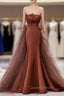 Coffee Satin Tulle Strapless Evening Prom Dress