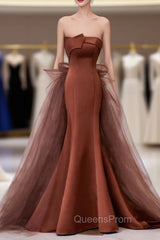 Coffee Satin Tulle Strapless Evening Prom Dress