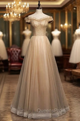 Coffee Tulle Off the Shoulder Beading Evening Prom Dress