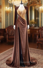 Coffee Velvet Long Sleeve Beading Evening Prom Dress