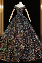 Come In All Styles And Colors Navy Blue Ball Gown Sequins off the Shoulder Quinceanera Dress