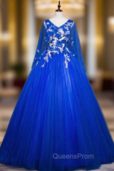 Come In All Styles And Colors Royal Blue Ball Gown Tulle V-neck Appliques Quinceanera Dress