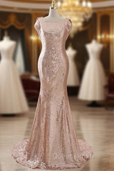 COURTNEY Fit and Flare Sweep train Sequined Rosy Golden Evening Prom Party Gowns