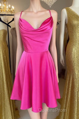 Cowl Neck Short Pink Evening Prom Dress, Short Pink Graduation Homecoming Dress