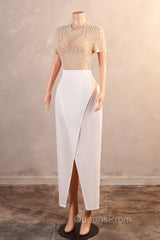 Crew Sheath Evening Prom Dress Ankle-Length Zipper Beads Split Side Short Sleeve Evening Dress