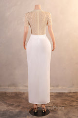 Crew Sheath Evening Prom Dress Ankle-Length Zipper Beads Split Side Short Sleeve Evening Dress