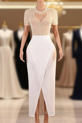 Crew Sheath Evening Prom Dress Ankle-Length Zipper Beads Split Side Short Sleeve Evening Dress