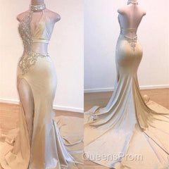 Crystal Halter Side Slit Evening Prom Dress A-Line Backless Sleeveless Evening Dress