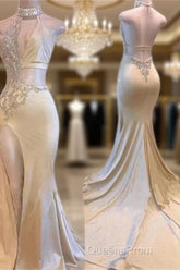 Crystal Halter Side Slit Evening Prom Dress A-Line Backless Sleeveless Evening Dress