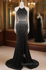 Crystal Mermaid Black Mermaid Evening Prom Dress Sexy Backless Halter