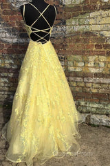 Custom Made Backless Yellow Lace Floral Long Evening Prom Dress, Yellow Lace Formal Graduation Evening Dress