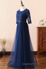 Custom Made Long Sleeves Navy Blue Lace Evening Prom Dress, Long Sleeves Lace Bridesmaid Dress, Long Sleeves Navy Blue Lace Formal Graduation Evening Dress