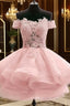 Custom Made Off Shoulder Pink Lace Short Evening Prom Dress, Pink Lace Bridesmaid Dress, Homecoming Dress